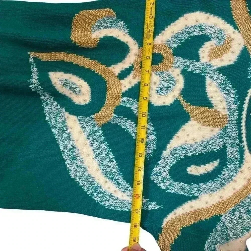 Vintage Dana Scott Teal & Gold Embellished Sweater Size Small 80s Sweater - Picture 5 of 8